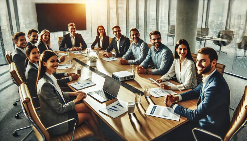 A group of business friends sitting around a conference table in a modern office. They are engaged in a discussion, smiling, and looking at documents and laptops. The atmosphere is professional yet friendly, with large windows in the background letting in natural light. The table is filled with papers, coffee cups, and a projector. The group looks focused and collaborative, working together on a business project.